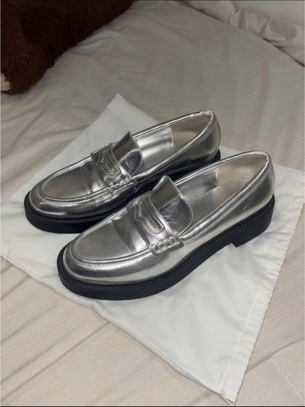 Metallic Silver Women's Penny Loafers with Black Sole